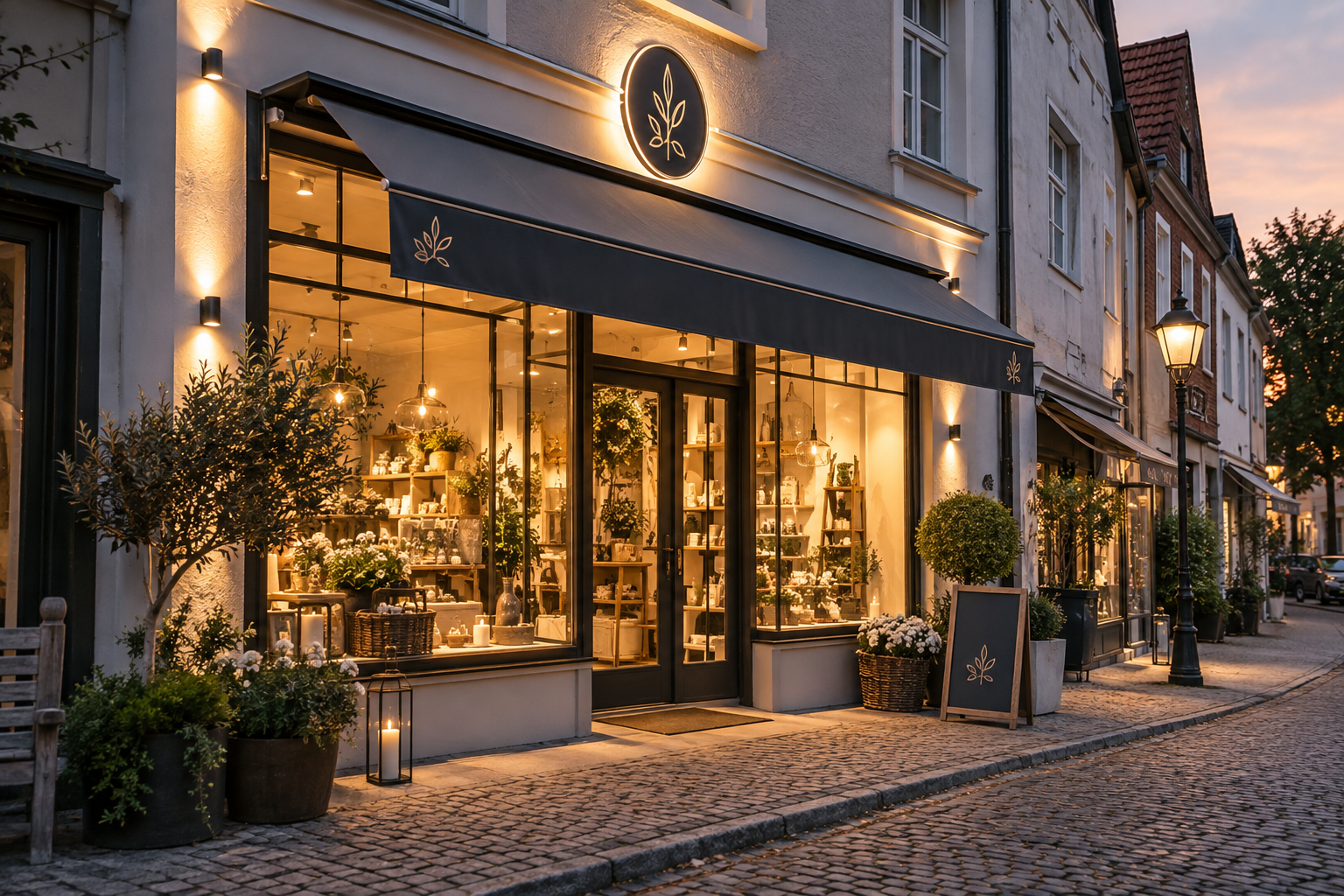 Beschriftetes Schaufenster bei Dämmerung